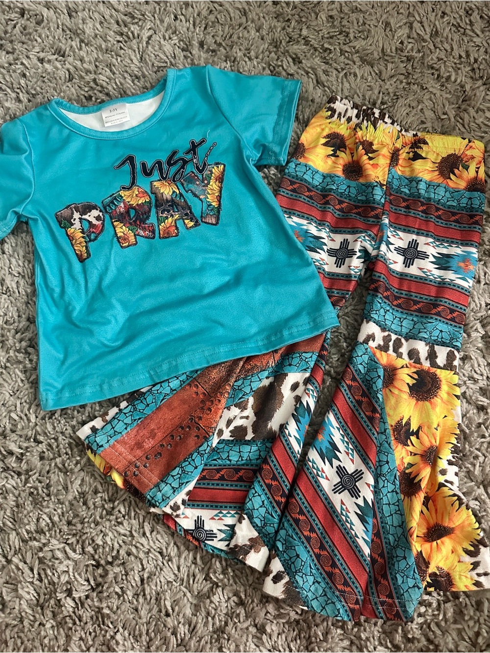 Boutique Just Pray Turquoise Sunflower Print Kids Pajama Set